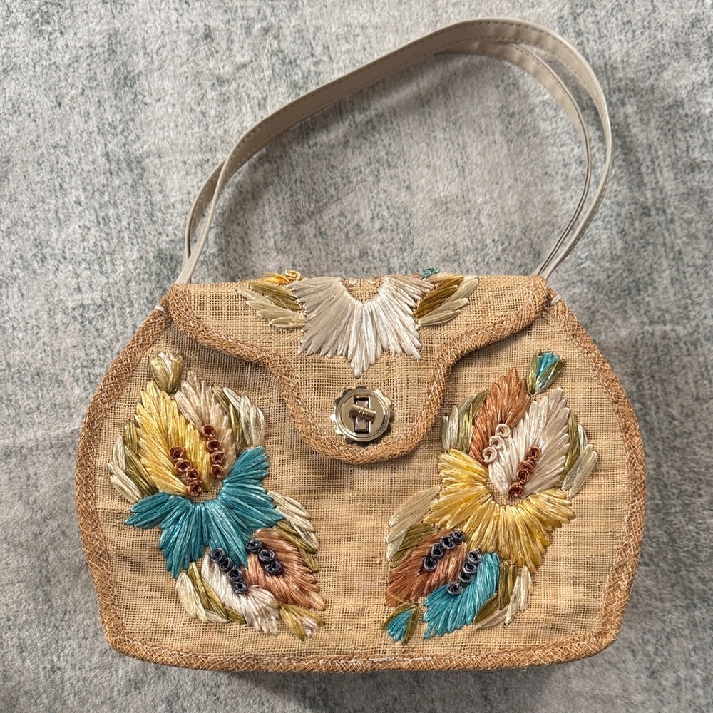 Vintage Embroidered Beige and Multicolor Shoulder Bag